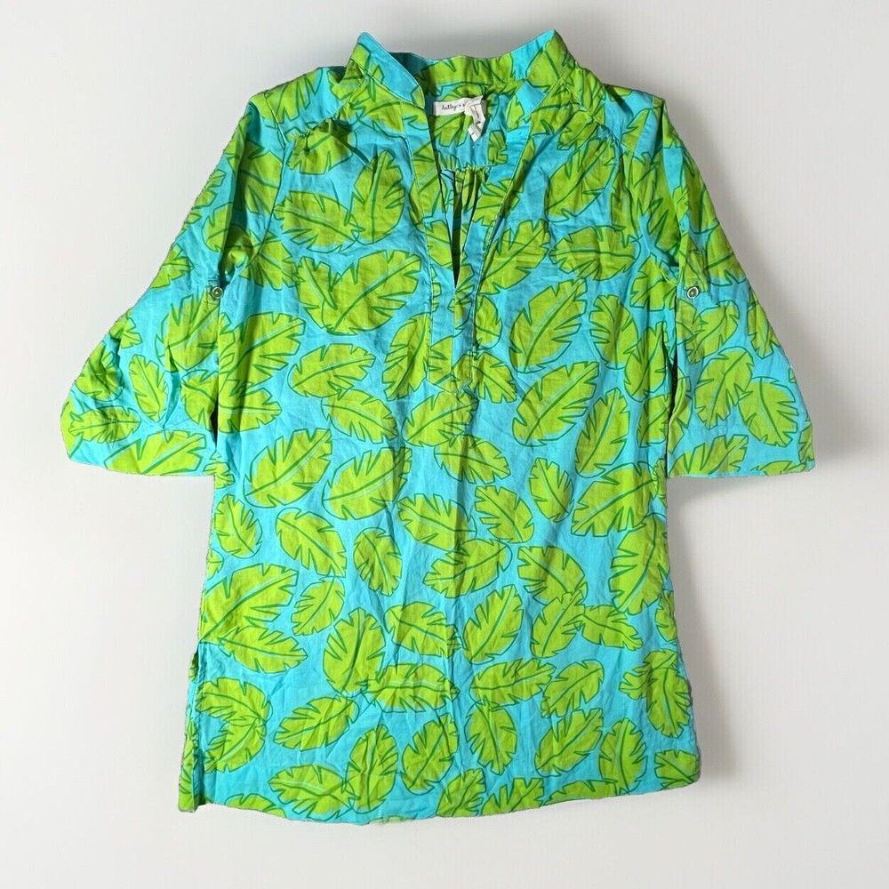 Hatley Resort Tunic Women S Turquoise Green Tropical Leaf Cotton 3/4 Sleeve Top